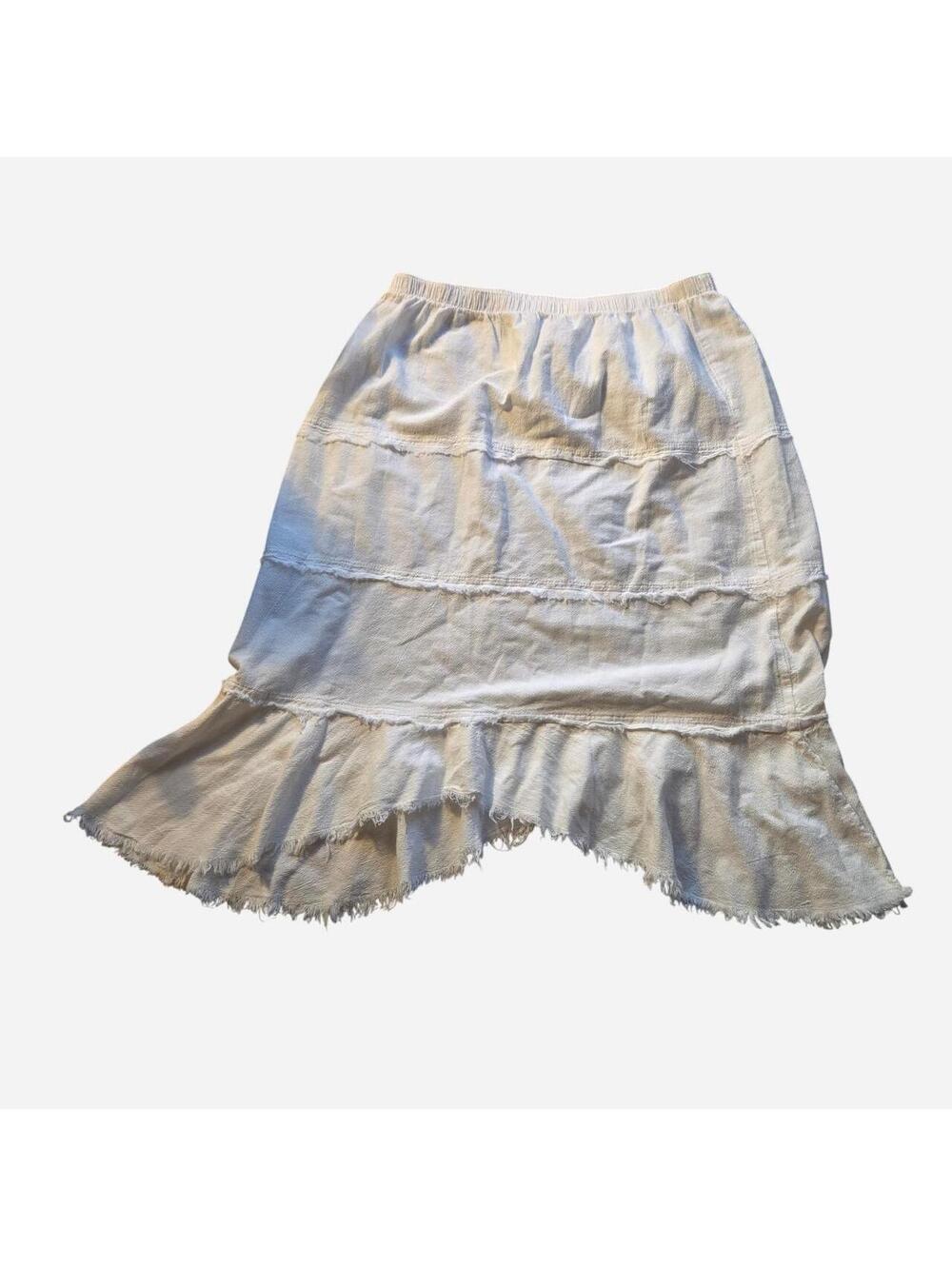 Vintage Sea Breeze of California White Cotton Ruffle Tiered Raw Hem Midi Skirt